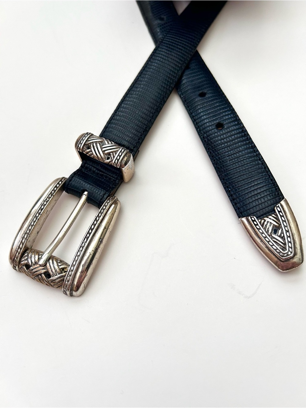 Brighton navy blue Leather Belt with Silver-gold Braided Buckle Accents
